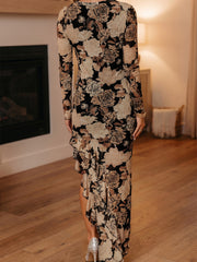 Black Floral Long Sleeve Asymmetric Ruffle Split Hem Mesh Dress - Damesmode Afbeelding 2 - Miniatuur