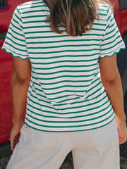 Black Stripe Scalloped Trim Round Neck T Shirt - Damesmode Afbeelding 8 - Miniatuur