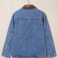 Sky Blue Patchwork Leather Collar Long Sleeve Denim Jacket - Foto 5