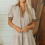 Brown Stripe Shirt Collar Color Block Patchwork Trim Ruffle Hem Short Dress