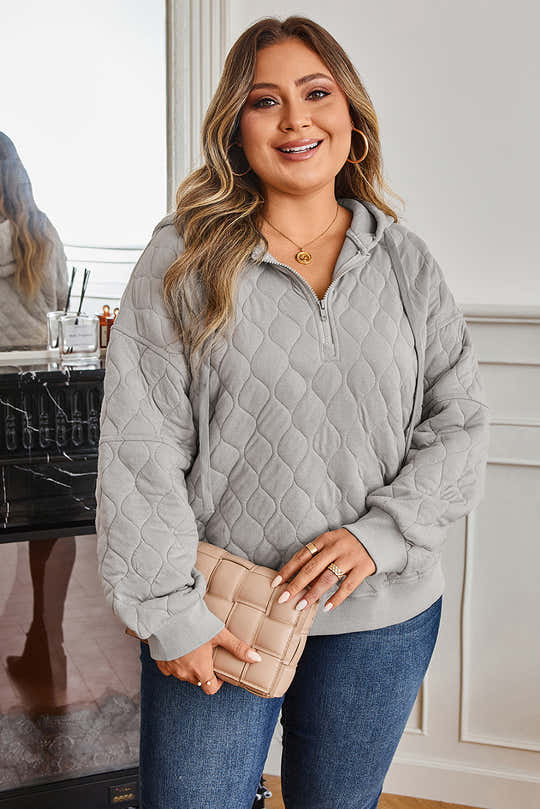 Grauer gesteppter Viertel-Reißverschluss-Hoodie in Plus-Size-Größen