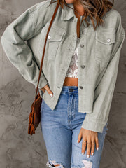 Sky Blue Raw Hem Flap Pockets Cropped Corduroy Jacket - Miniatuur
