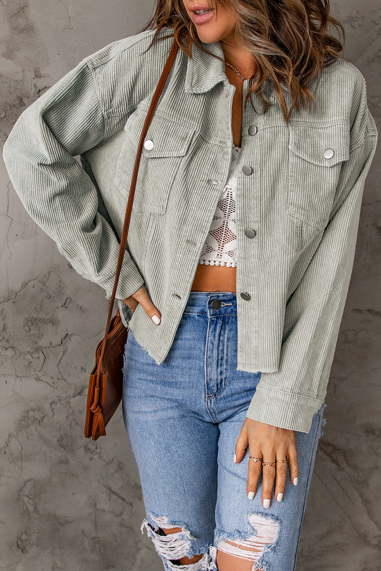 Sky Blue Raw Hem Flap Pockets Cropped Corduroy Jacket - Damesmode