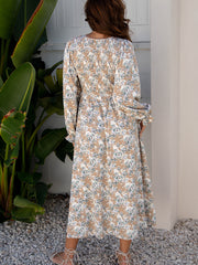 Khaki Maple Grove Floral Smocked Puff Sleeve Long Dress - Miniatuur
