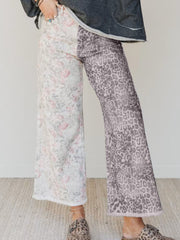 Multicolour Retro Floral Leopard Contrast Patchwork Raw Hem Jeans - Miniatuur