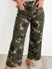 Green Vintage Floral Print Square Patch Pocket Raw Hem Shift Jeans - Miniatuur