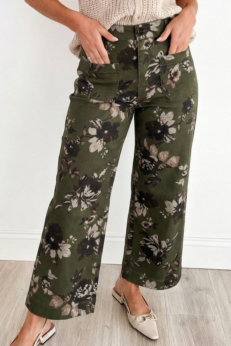 Gréng Vintage Blummenprint Quadrat-Patch Pocket Raw Hem Shift Jeans - Damesmode