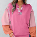 Aruba Blue Corded Texture Colorblock Patchwork Split Neck Long Sleeve Top - Damesmode Afbeelding 4 - Foto 4