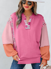 Aruba Blau Kordeltextur Farbblock-Patchwork Spalthals-Langarmshirt – Damesmode Afbeelding 4 - Miniatuur
