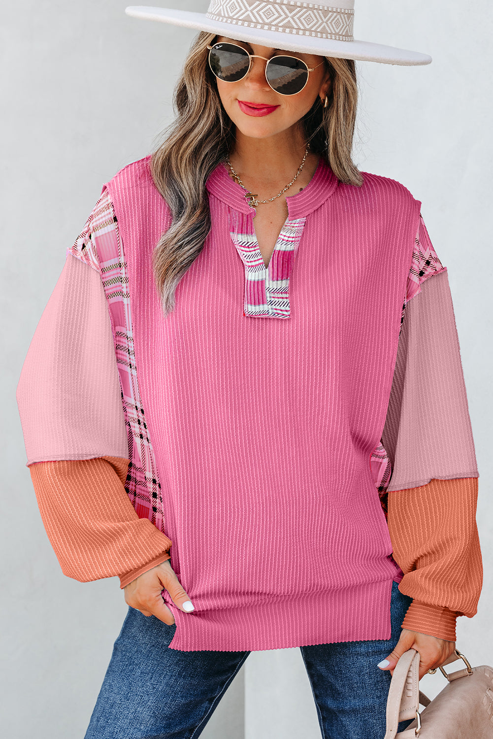 Aruba Blue Corded Texture Colorblock Patchwork Split Neck Long Sleeve Top - Damesmode Afbeelding 4