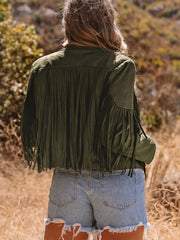 Green Cropped Fringe Faux Suede Jacket - Miniatuur