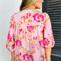 Rosa Blummenprint Krawatt-Hals-Blus mat Puff-Halw-Ärmel Blus - Foto 2