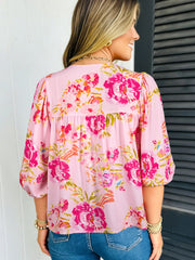 Bluse mit rosa Blumenmuster mit Krawattenausschnitt und Puff-Halbärmelbluse - Miniatuur