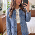 Sky Blue Patchwork Leather Collar Long Sleeve Denim Jacket - Foto 3