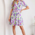 Purple Floral V Collar Short Sleeve Tiered Ruffle Mini Dress - Foto 6