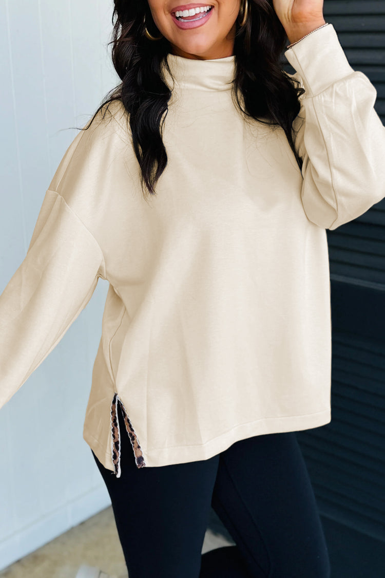 Beige Mock Neck Long Sleeve Leopard Detail Split Hem Top - Damesmode Afbeelding 1 - Damesmode