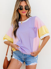 T-shirt oversize à demi-manches en patchwork à blocs de couleur violet - Miniatuur