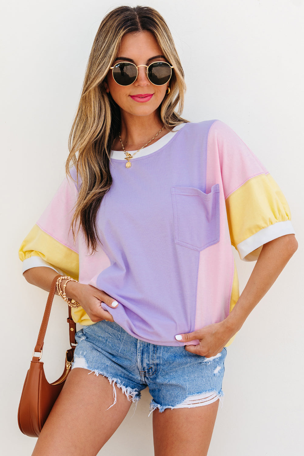 T-shirt oversize à demi-manches en patchwork à blocs de couleur violet