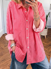 Chemise boutonnée rayée rouge Manches longues à poches patch Chemise décontractée - Miniatuur