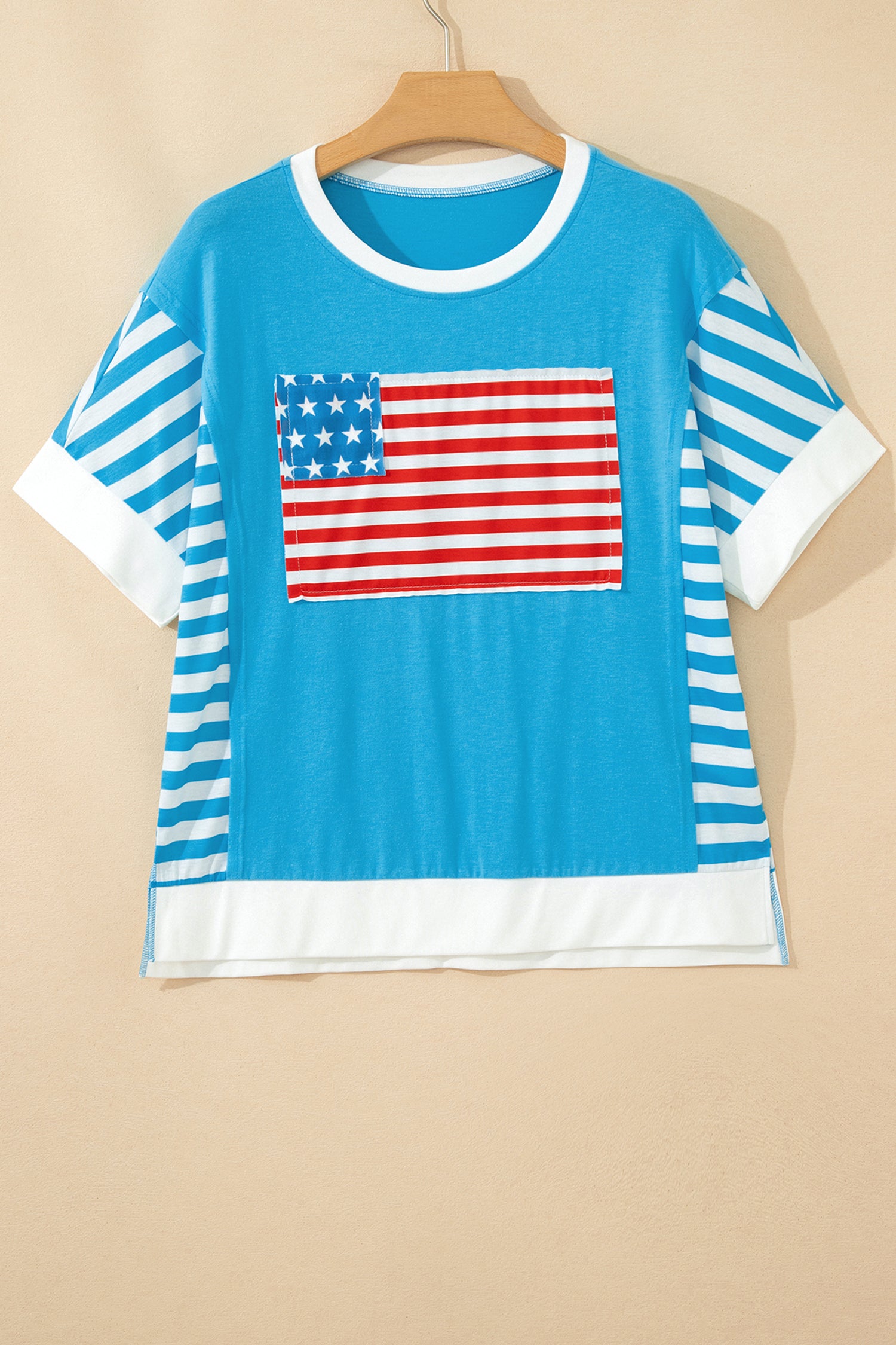 Hellblauer Flaggenmuster Patchwork Farbblock 4. Juli T-Shirt