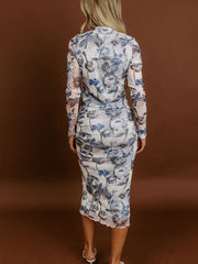 Dunkelblaue Scheide mit Blumenmuster – elegantes langärmeliges Kleid - Miniatuur