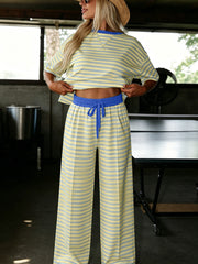 Yellow Stripe Colorblock Trim Crew Neck Loose Tee Drawstring Elastic Waist 2pcs Pant Set - Miniatuur