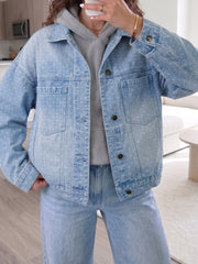 Sky Blue Polka Dot Long Sleeve Collar Pocket Casual Shift Silhouette Denim Jacket - Miniatuur