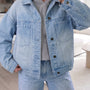 Sky Blue Polka Dot Long Sleeve Collar Pocket Casual Shift Silhouette Denim Jacket