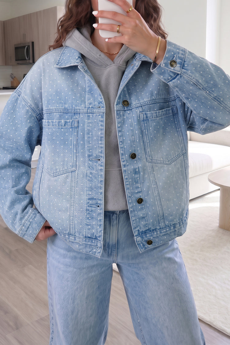 Sky Blue Polka Dot Long Sleeve Collar Pocket Casual Shift Silhouette Denim Jacket - Damesmode