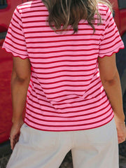 Black Stripe Scalloped Trim Round Neck T Shirt - Damesmode Afbeelding 5 - Miniatuur