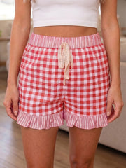 Sky Blue Gingham Print Ruffle Striped Detail Lace Tie Shorts - Miniatuur