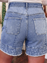 Sky Blue Striped Paisley Mixed Patchwork Raw Hem Denim Shorts - Miniatuur