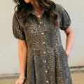 Gray Leopard Print Short Sleeve Pleated Denim Mini Dress - Foto 3