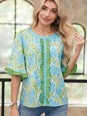 Rose Floral Print Ruffled Color Block Trim Half Sleeve Blouse - Miniatuur