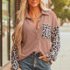 Dark Kaki Luipaardprint Patched Twisted Ribbed Western Casual Shacket