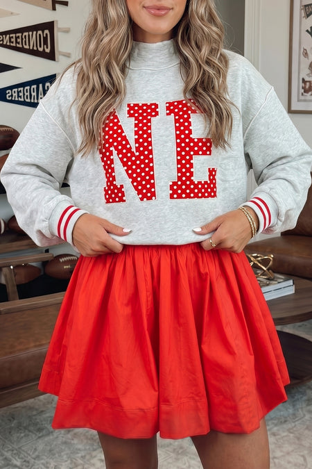 Fiery Rood U Neck Long Sleeve Fit and Flare Short Jurk - Detail