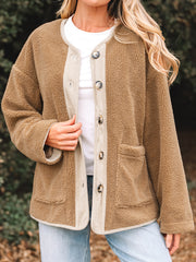Light French Beige Puffy Plush Corduroy Edge Patchwork Jacket with Big Pockets - Miniatuur