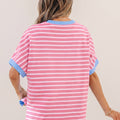 Pink Stripe Contrast Trim Loose Short Sleeve Top - Foto 2