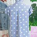 Maglia a maniche a pois piegato a righe azzurro cielo con maniche plissate e pieghe - Foto 5