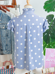Camisa de manga plissada com folhos com riscas azul celeste, riscas contrastadas e bolinhas - Miniatuur