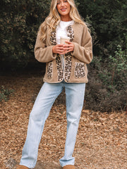Chaqueta de peluche casual con estampado de leopardo con acentos y bolsillos - Miniatuur