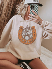 Beige GOOD LUCK Western Horse Print Oversized Pullover Sweatshirt - Damesmode Afbeelding 2 - Miniatuur