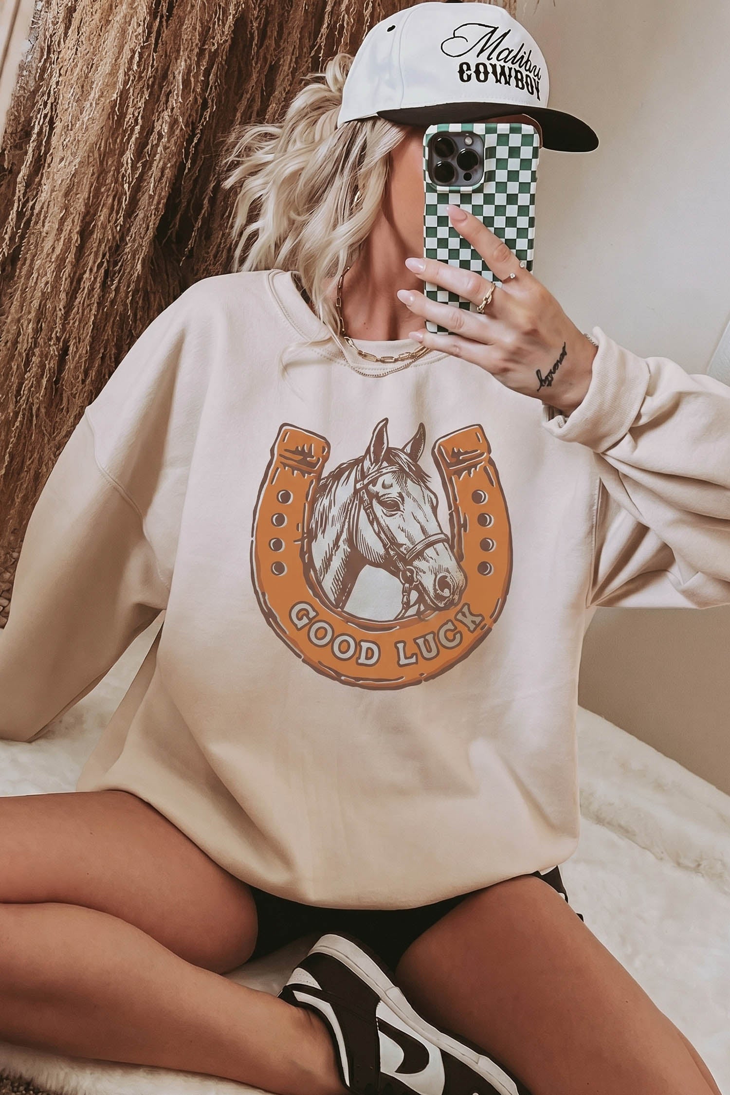 Beige GOOD LUCK Western Horse Print Oversized Pullover Sweatshirt - Damesmode Afbeelding 2