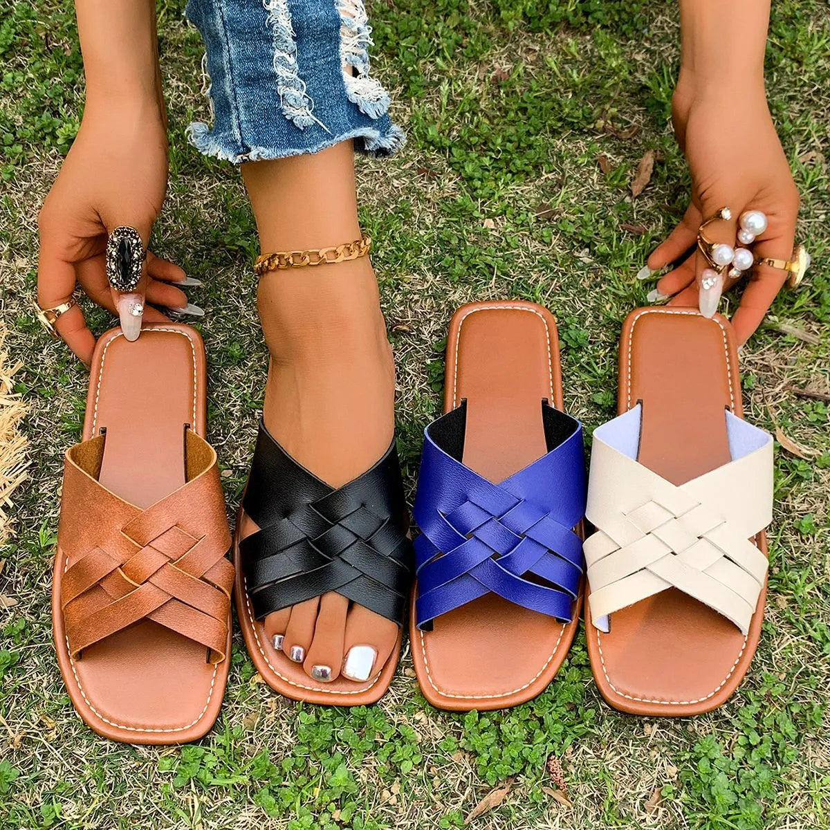 Woven Open Toe Flat Sandals