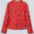 Fiery Red Christmas Elements Printed Long Sleeve Sheer Mesh Top - Foto 4