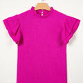 Rose Red Solid Color Textured Ruffle Trim Short Sleeve Blouse - Foto 3