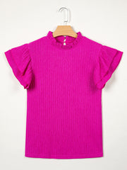 Rose Red Solid Color Textured Ruffle Trim Short Sleeve Blouse - Miniatuur