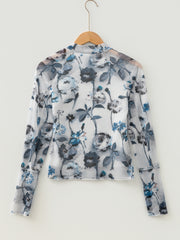 Top a maniche lunghe a maniche lunghe con scollo alto in rete floreale azzurro cielo - Miniatuur