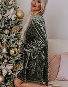 Jungle Green Velvet Long Sleeve V Neck Loose Dress with Pockets