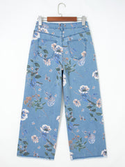 Sky Blue Retro Floral Print Frayed Hem Shift Jeans - Miniatuur